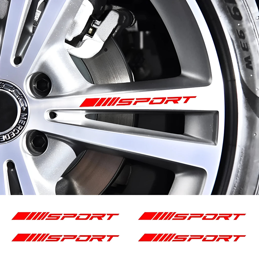 Hollow sports design car rim sticker in black, red or white colours measuring 10cm by 0.7cm