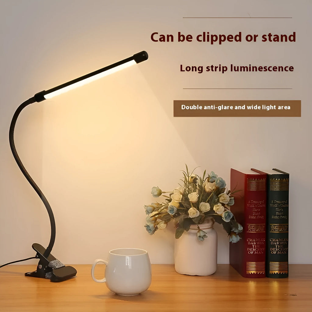 Black and white USB-powered LED desk lamp measuring 26cm length for student dormitory study