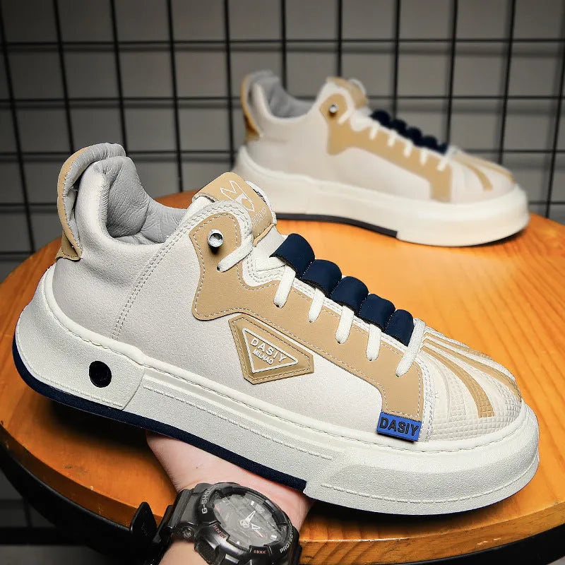Men's beige and black casual sneakers with elastic band fastening and round toe design
