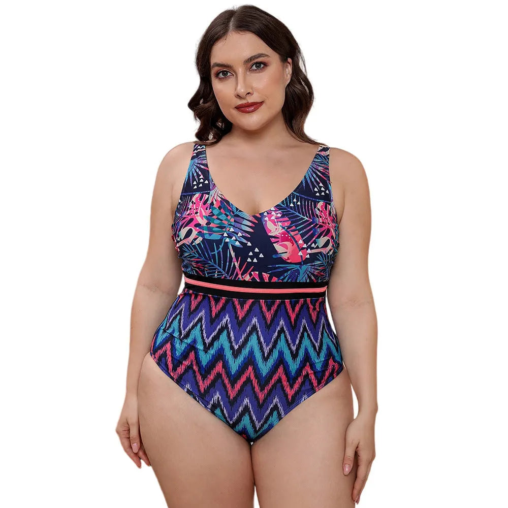 Women's blue striped vest print one-piece swimsuit with spaghetti straps on a mannequin