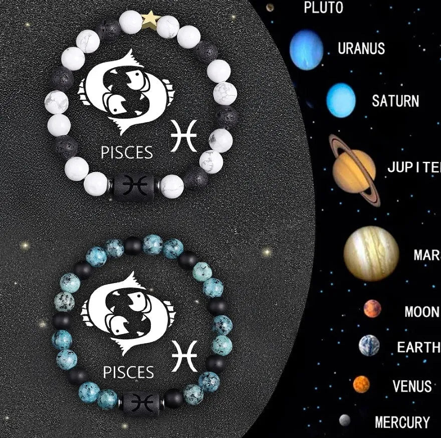 Set of twelve natural stone beaded bracelets, each with a zodiac sign charm, on a white background.