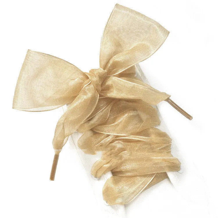 Wide 4cm transparent silk shoelaces in beige, black, and wine red colours, showing length.