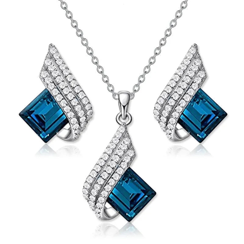 Women's necklace and earring set with glass pendant on cross chain, electroplated finish