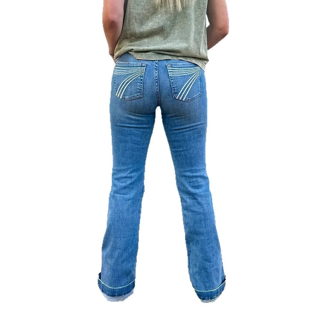 Slim fit elastic mid-waist slightly flared jeans with embroidery detail