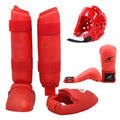 Red martial arts protective gear set showing leg guard, helmet, and boxing gloves for karate taekwondo training
