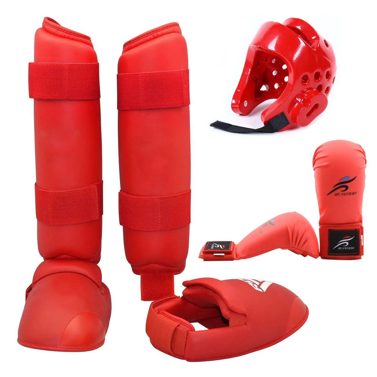 Red martial arts protective gear set showing leg guard, helmet, and boxing gloves for karate taekwondo training