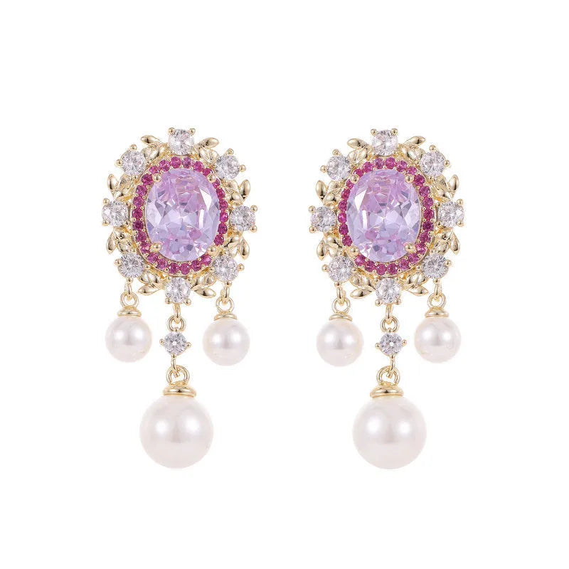 Oval geometric copper earrings with inlaid zircon stones and pearl tassel drops in light purple colour