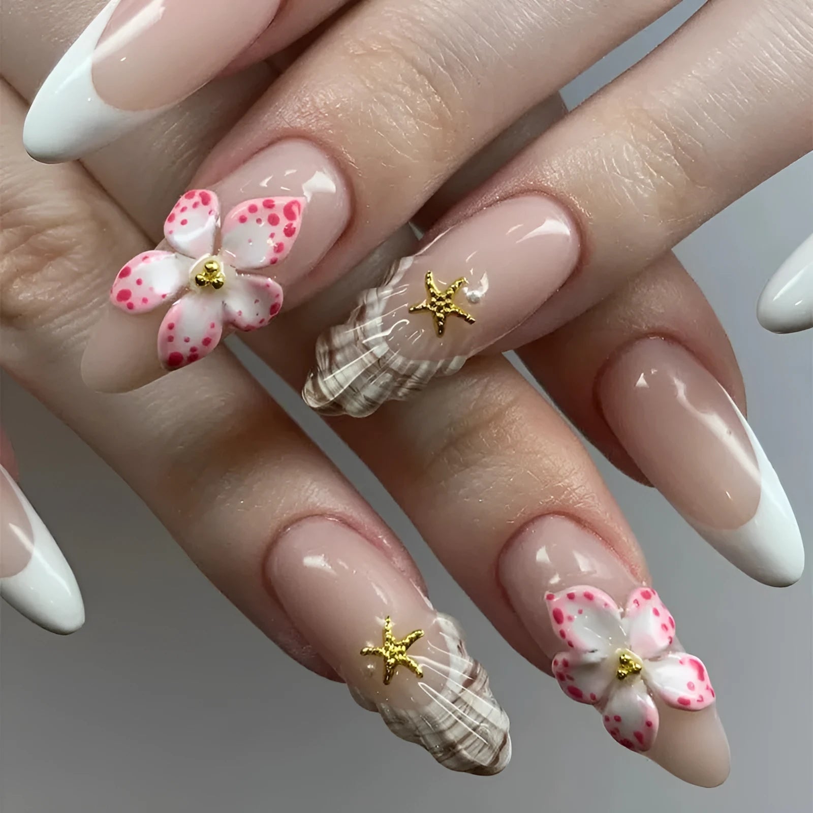 French style false nails with W1764 simple flower pattern and rock design patches