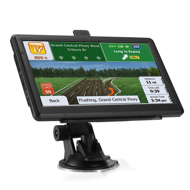 7 inch HD touch screen car GPS navigation device on a dashboard bracket