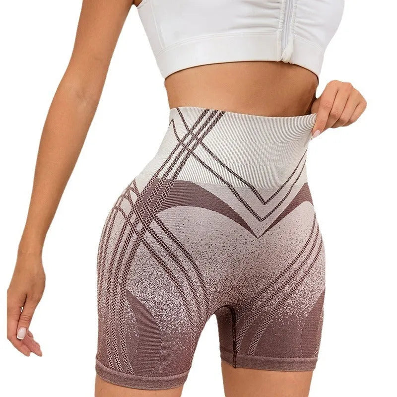 Women's high waisted gradient fitness shorts in black and brown for yoga and running