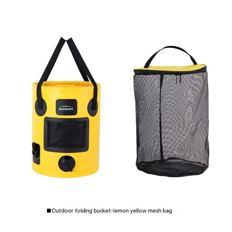 Outdoor portable folding fishing bucket in lemon yellow colour showing 25L capacity and foldable design