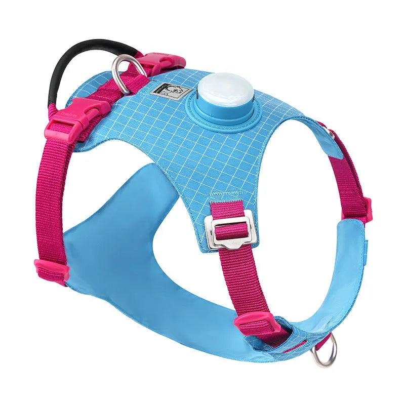 Nylon dog harness with LED light in multiple colours including light purple, green, black, orange, white, blue