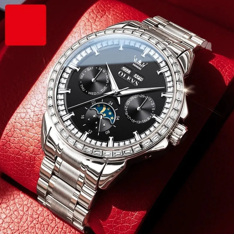 Men's automatic mechanical watch with diamond markers on stainless steel band