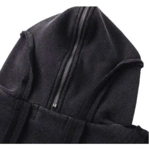Black retro loose coat with zip front, hood, and abstract pattern design