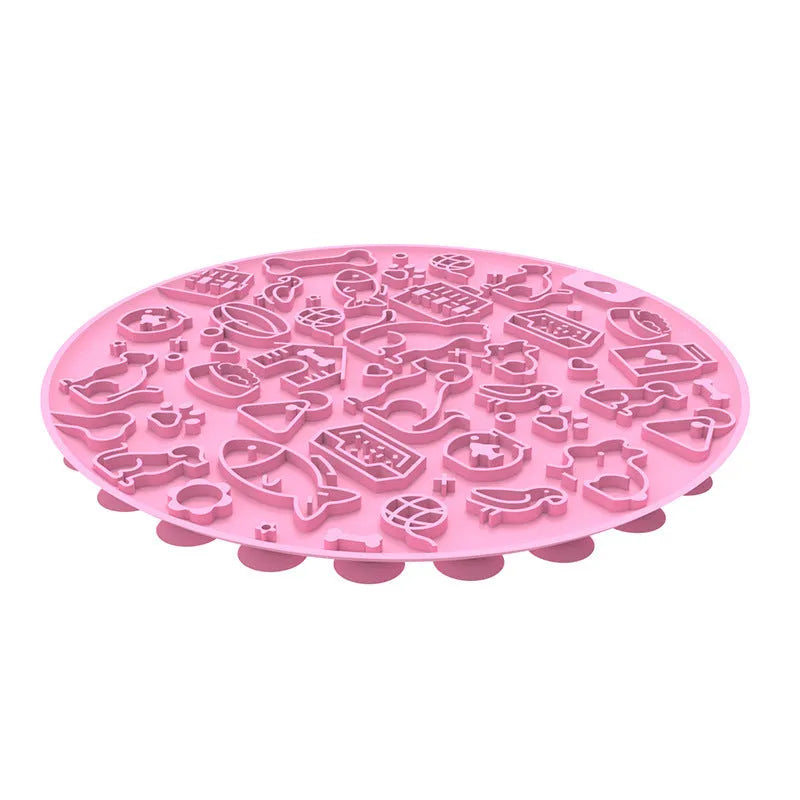 Round silicone pet licking mat with suction cups in blue, grey, mint, orange, and pink colours.