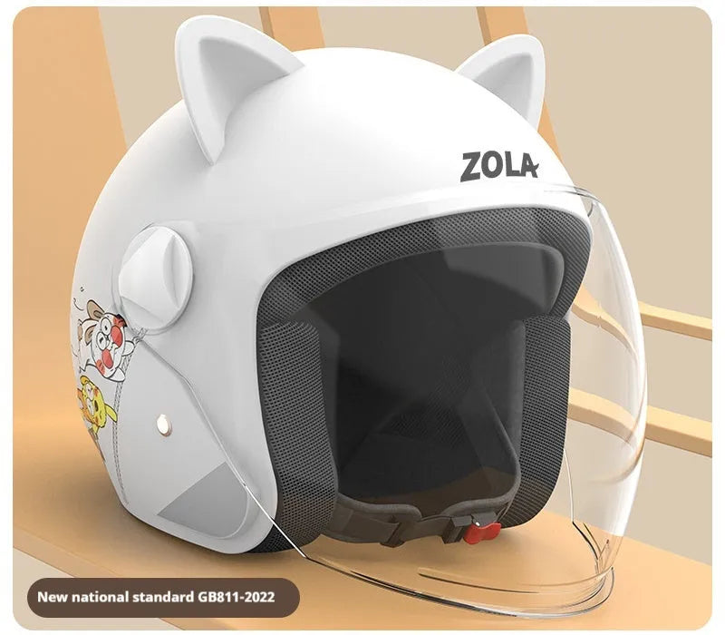 Winter electric bike helmet with anti-fog visor shown in blue colour with attached ear covers.