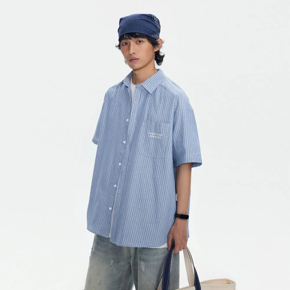 Blue striped short-sleeved cardigan-style shirt with loose fit and cotton blend fabric