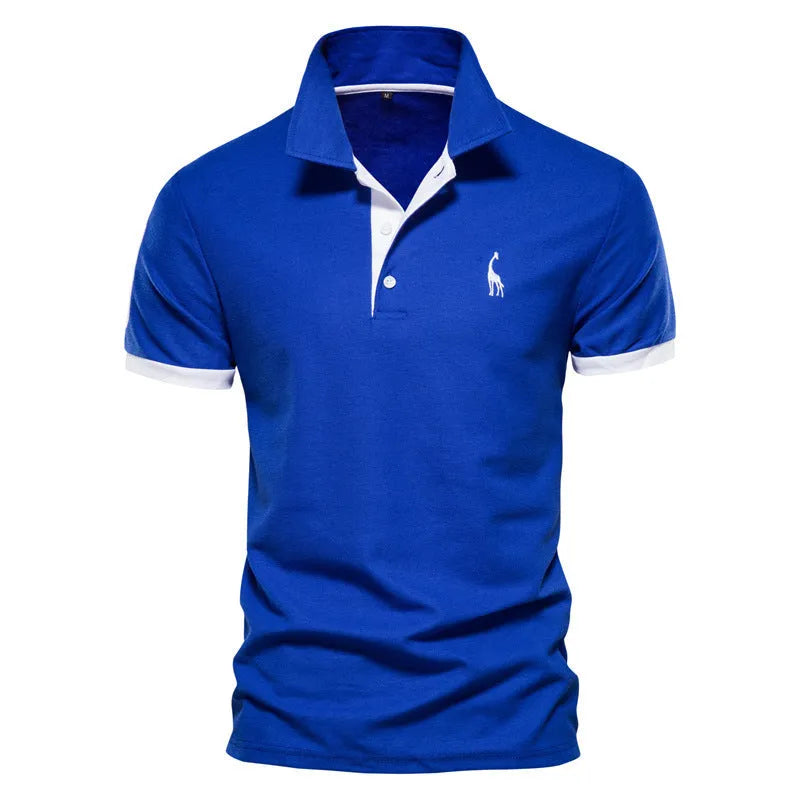 Men's short sleeve t-shirt with deer embroidery in various colours including white, red, and navy, displayed in sizes XS to 5XL.
