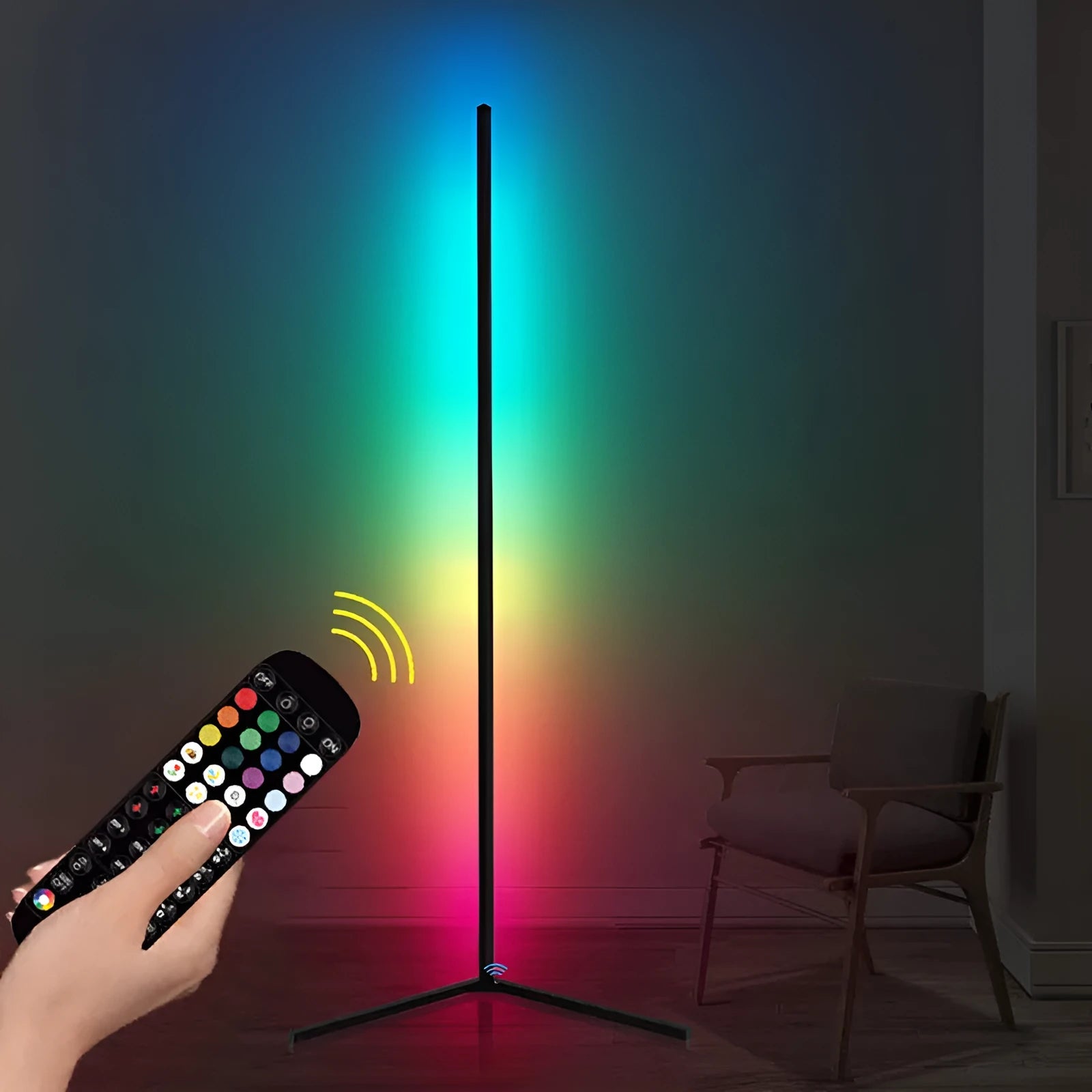 Black smart RGB floor lamp with remote control on household floor