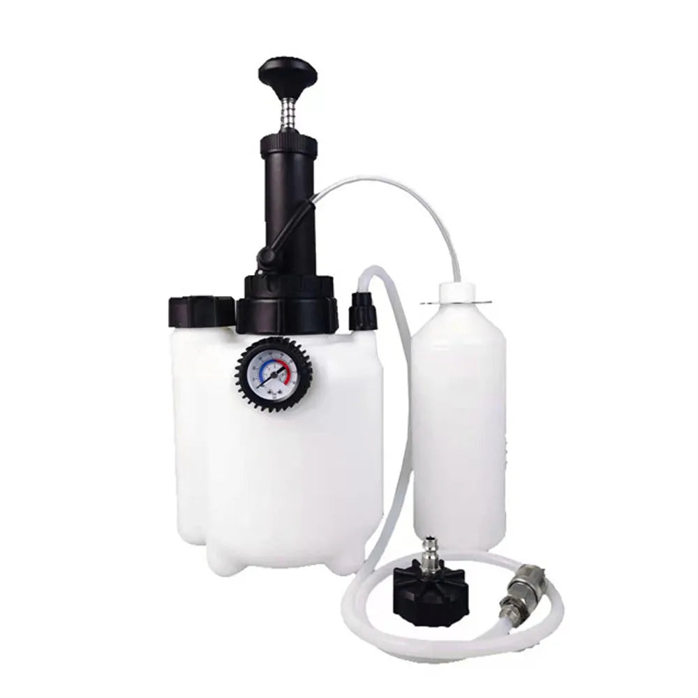 White plastic 3-litre brake fluid tank tool with copper and iron fittings for automotive service.
