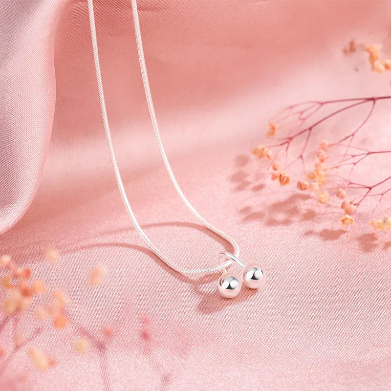 Silver cherry necklace with adjustable snake bones chain and fruit pendant