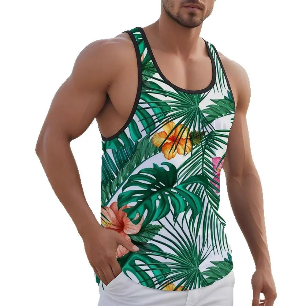 Men's Hawaiian-style 3D printed sleeveless vest tank top in polyester fabric