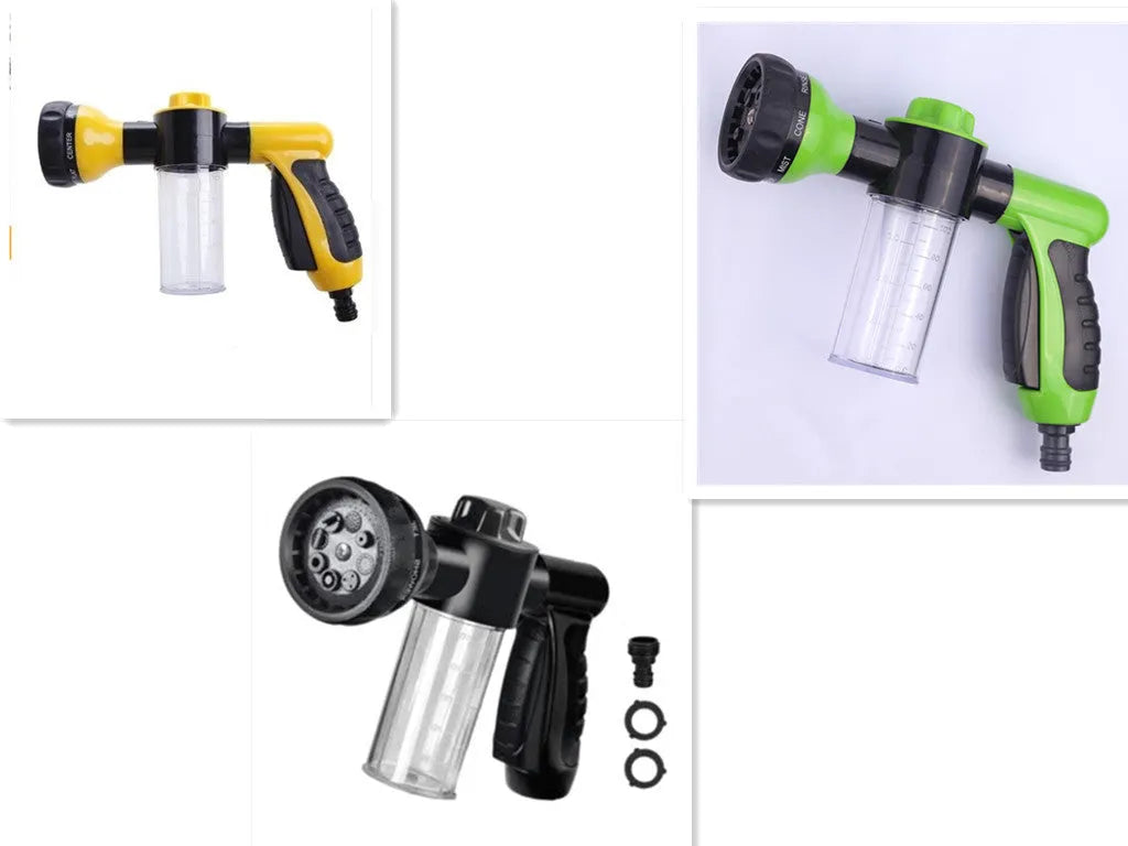 Green high pressure foam spray gun with adjustable nozzle for car washing and household cleaning.