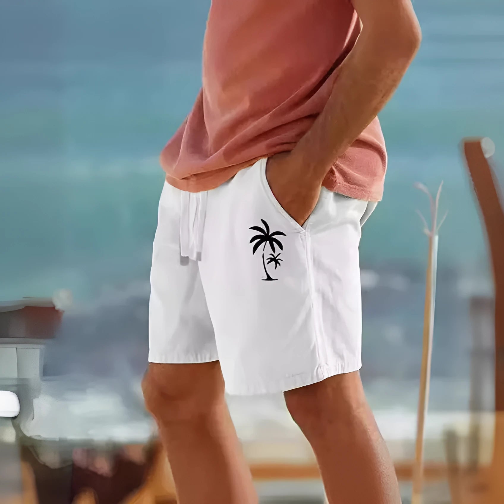 Men's straight leg cotton blend shorts with drawstring waist in army green colour on a white background