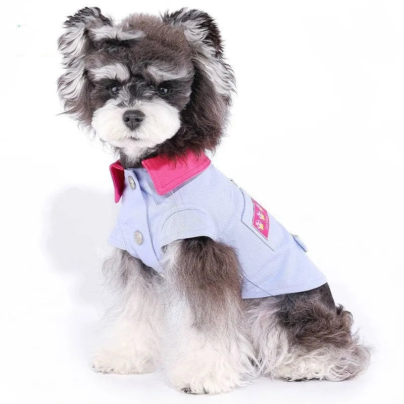Blue and purple polyester dog vest for small breeds with integrated leash ring, sizes XXS to XXL