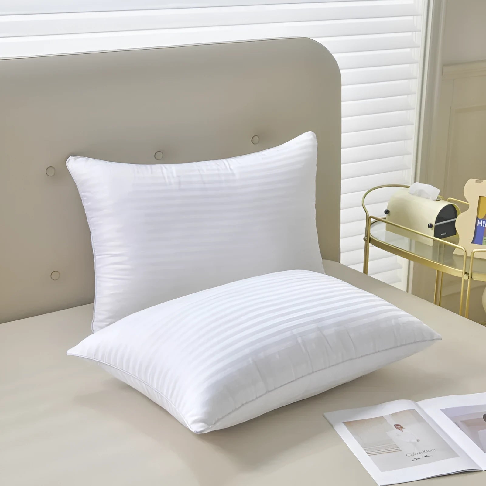 White cotton satin stripe pillow with a 2cm stripe, shown in low, medium, and high loft versions.