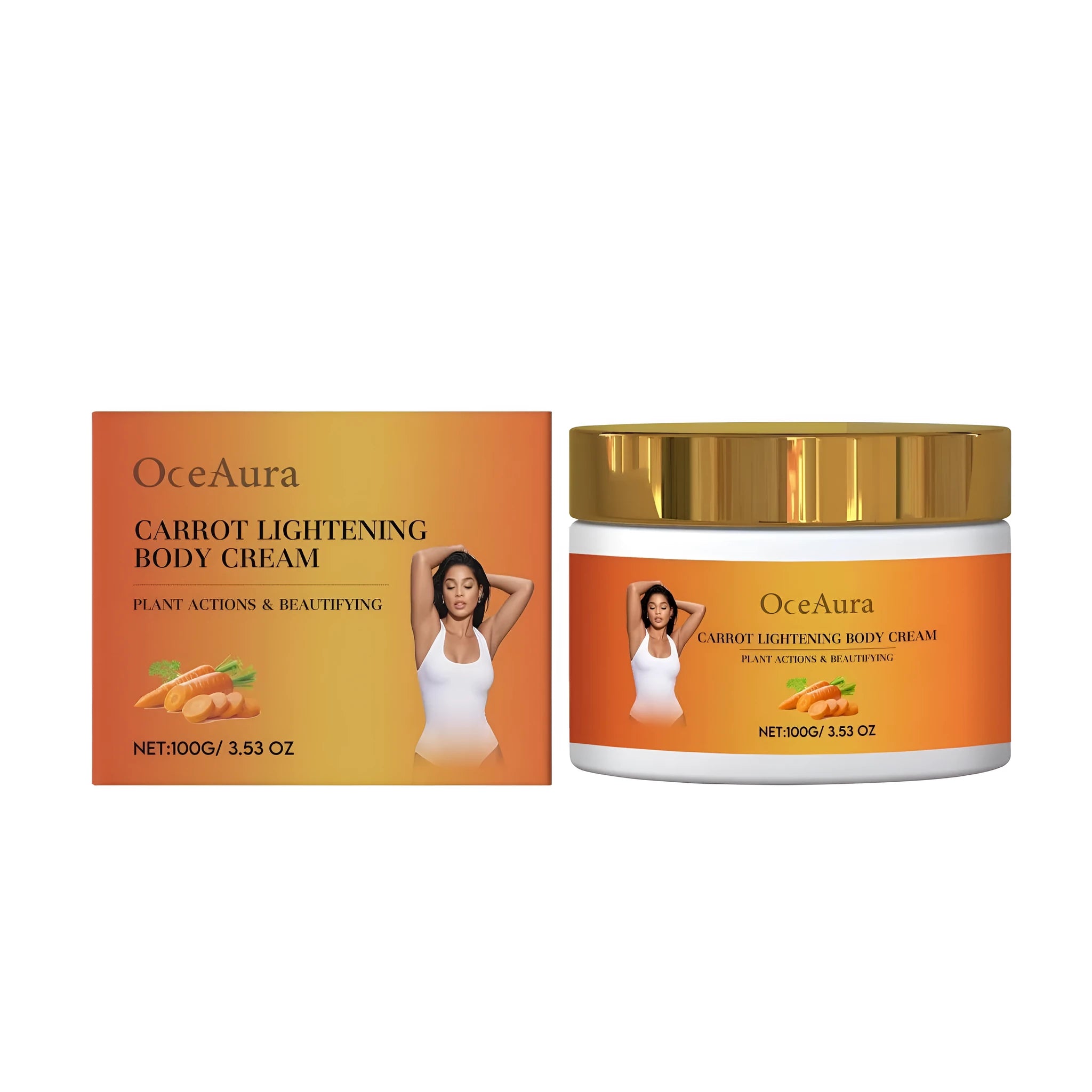 100g pot or tube of Carrot Lightening Body Cream with carrot seed oil and licorice extract.