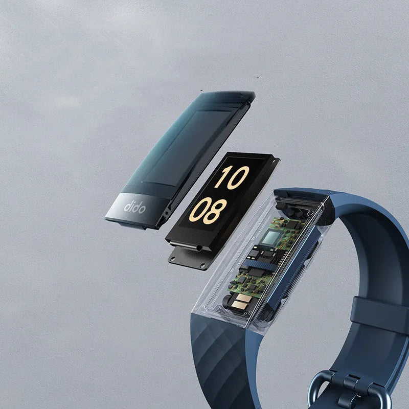 Black smart health bracelet with 1.1-inch display showing blood pressure and heart rate monitoring data