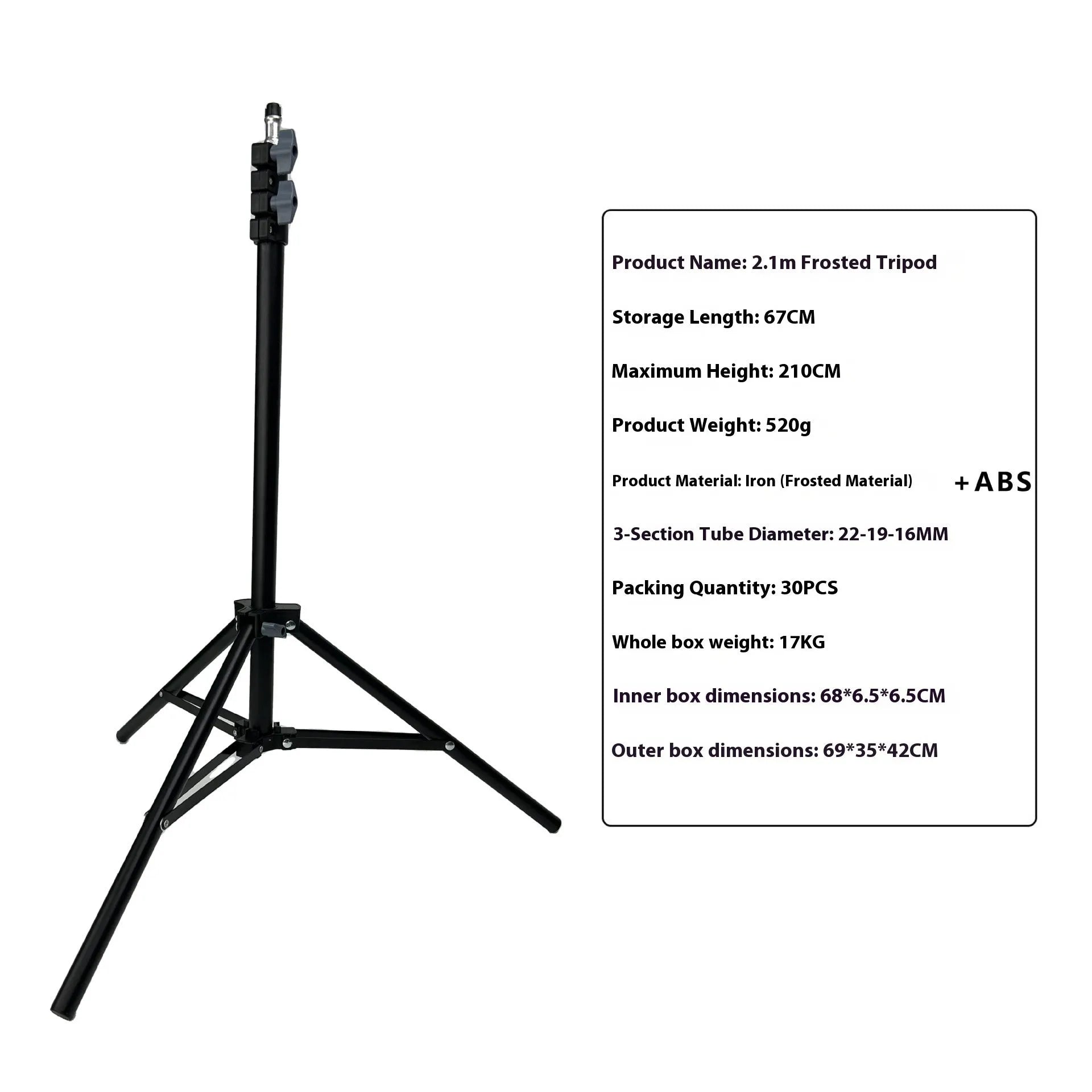 Frosted tripod light floor stand with mobile phone holder attached, carbon steel construction