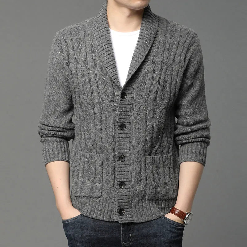 Korean style men's jacquard knitted jacket cardigan in chemical fibre blend for autumn winter wear