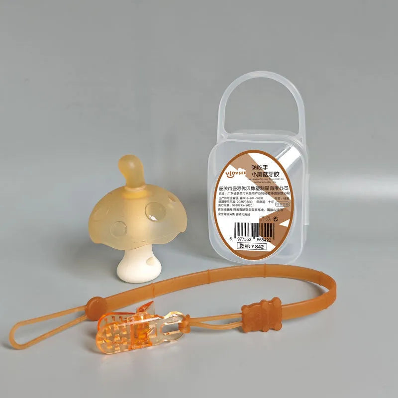 Small mushroom-shaped latex chewing gum with a transparent chain and storage box.