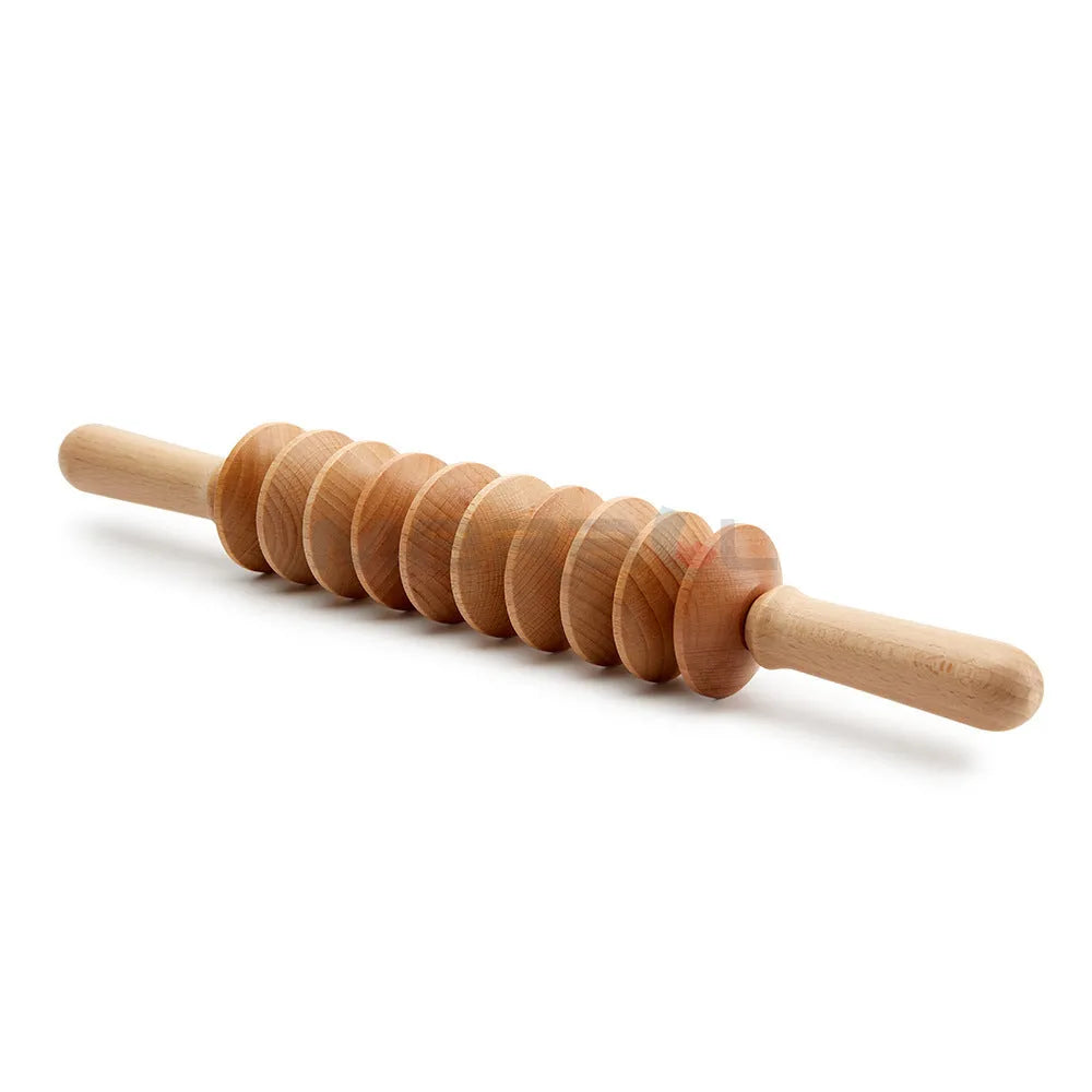 A set of natural beech wood massage rollers including T-shaped and multi-wheel tools for muscle relief.