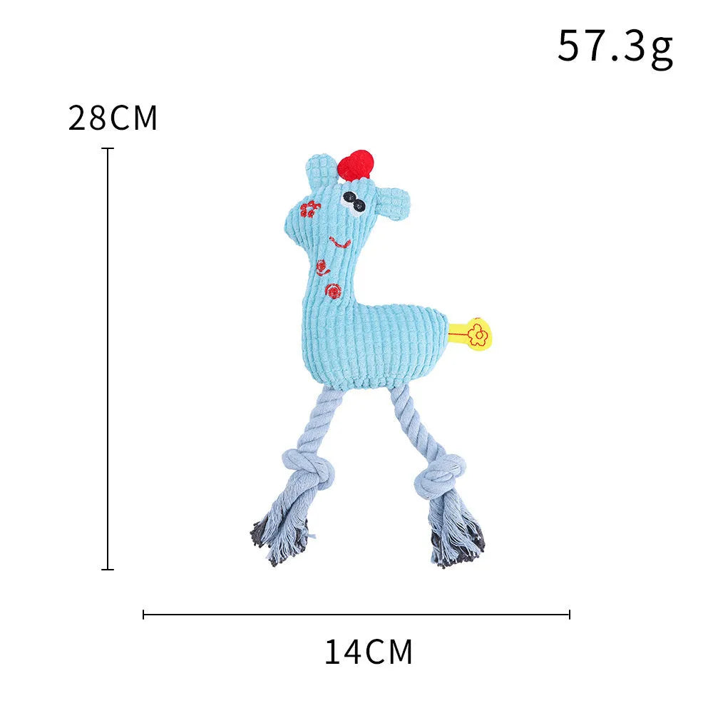 Blue deer shaped plush dog toy with corn grain texture pattern and squeaker