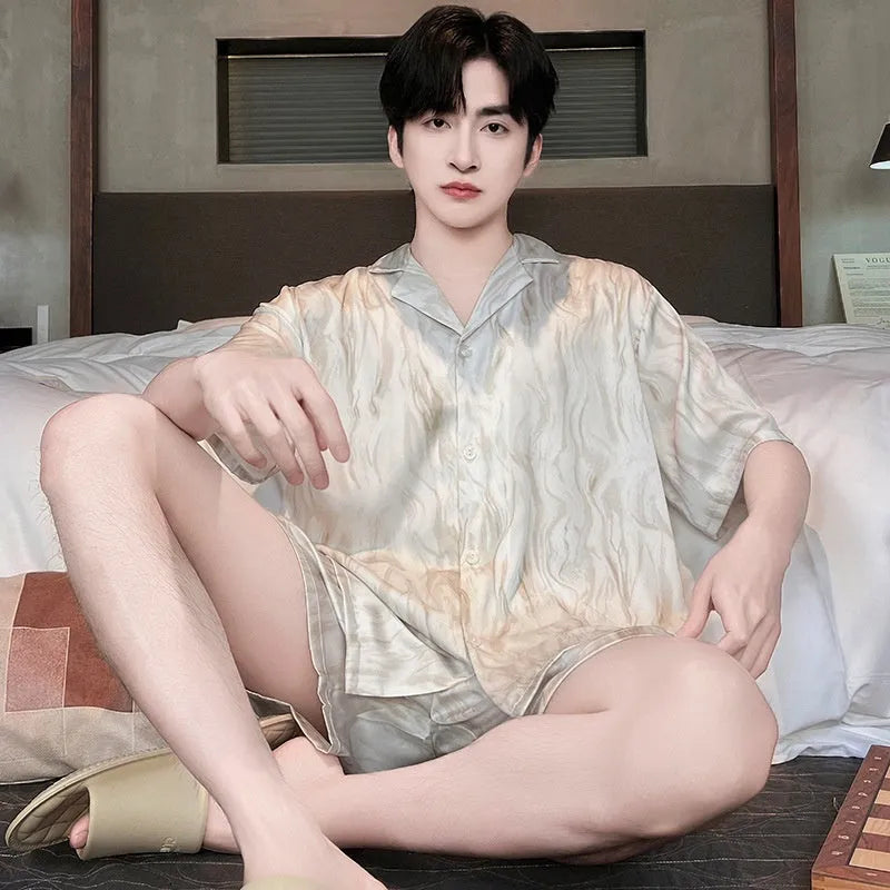 Men's ice silk pyjama set in artificial silk with shorts length and cardigan style in satin jacquard pattern