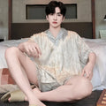 Men's ice silk pyjama set in artificial silk with shorts length and cardigan style in satin jacquard pattern