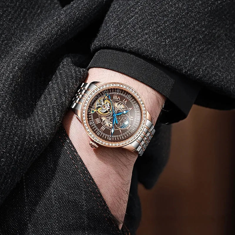 Men's stainless steel mechanical watch with transparent case back showing movement and butterfly buckle