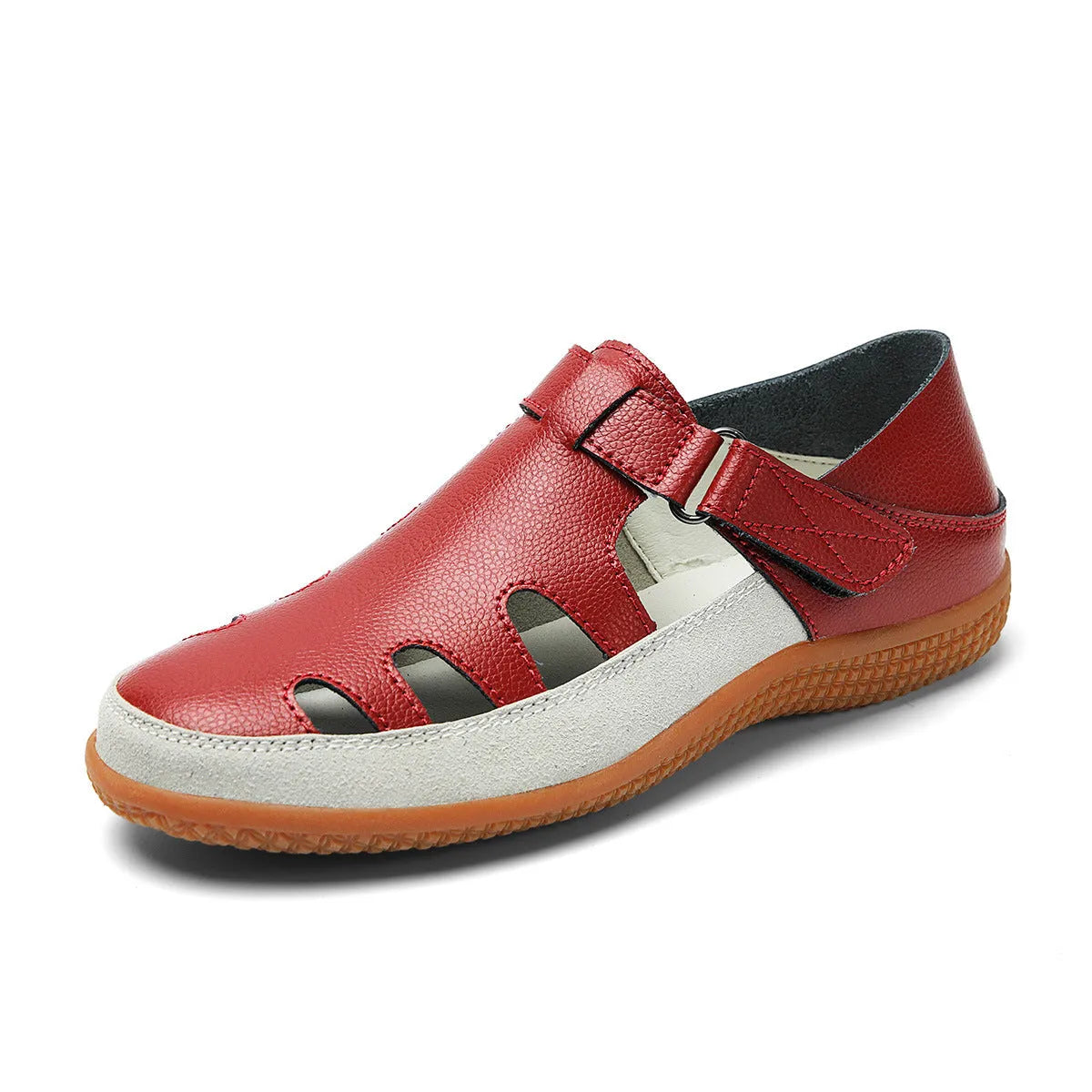 Plus size women's flat heel sandals with hollow breathable design in white red or blue