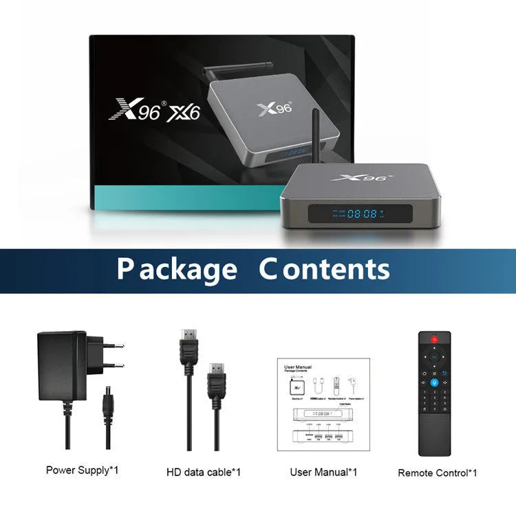 Android smart TV box set-top unit with remote control on a wooden table