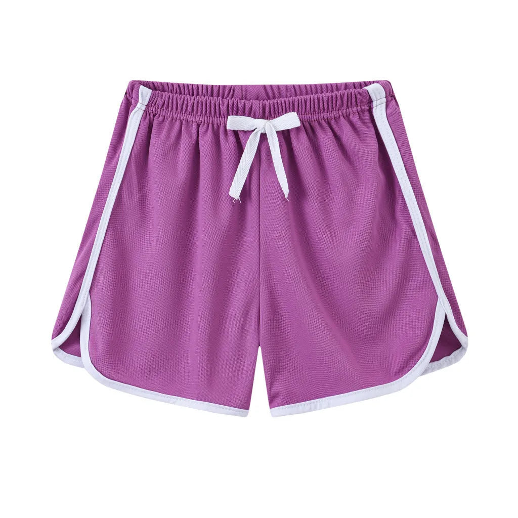 Children's casual polyester shorts in multiple colours including pink, leopard print and striped patterns