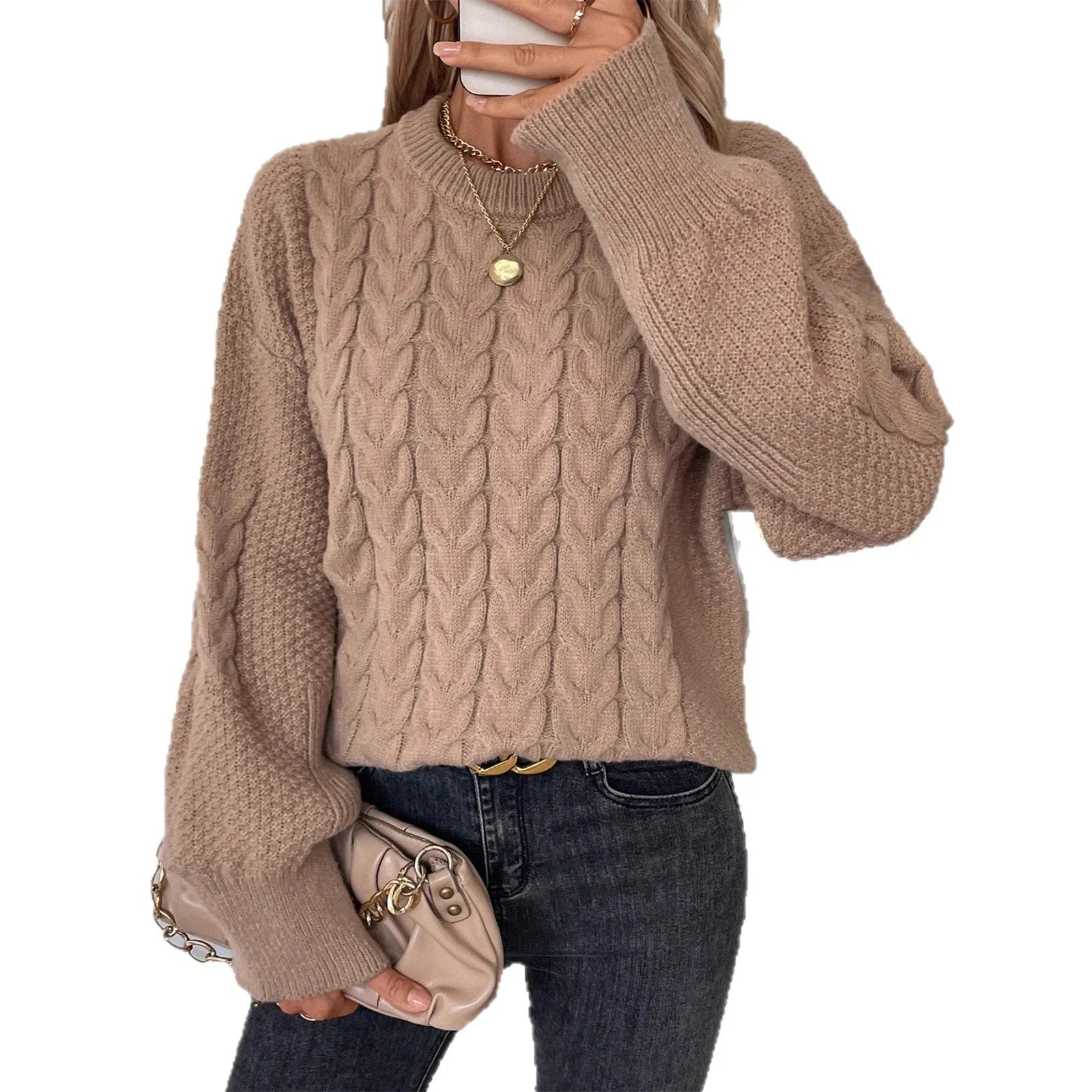 Women's loose fit round neck casual pullover sweater in solid colour