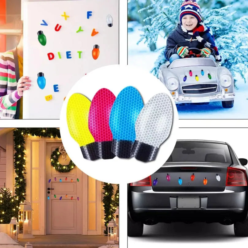 Set of magnetic reflective Christmas light bulb and wire stickers on a metal surface.