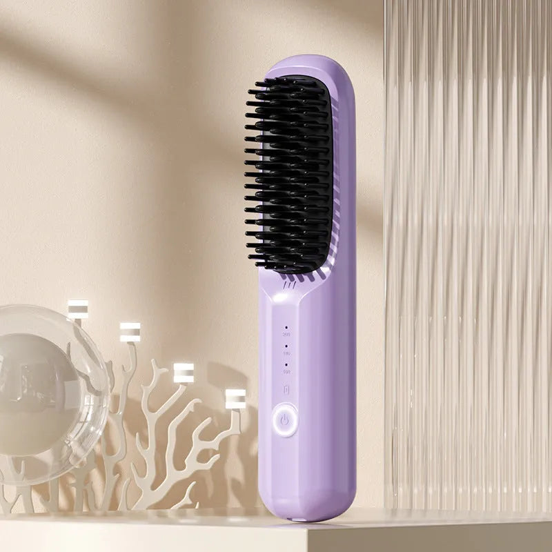 Wireless anion straight comb in beige, black, pink, or purple colours with USB-C charging port.