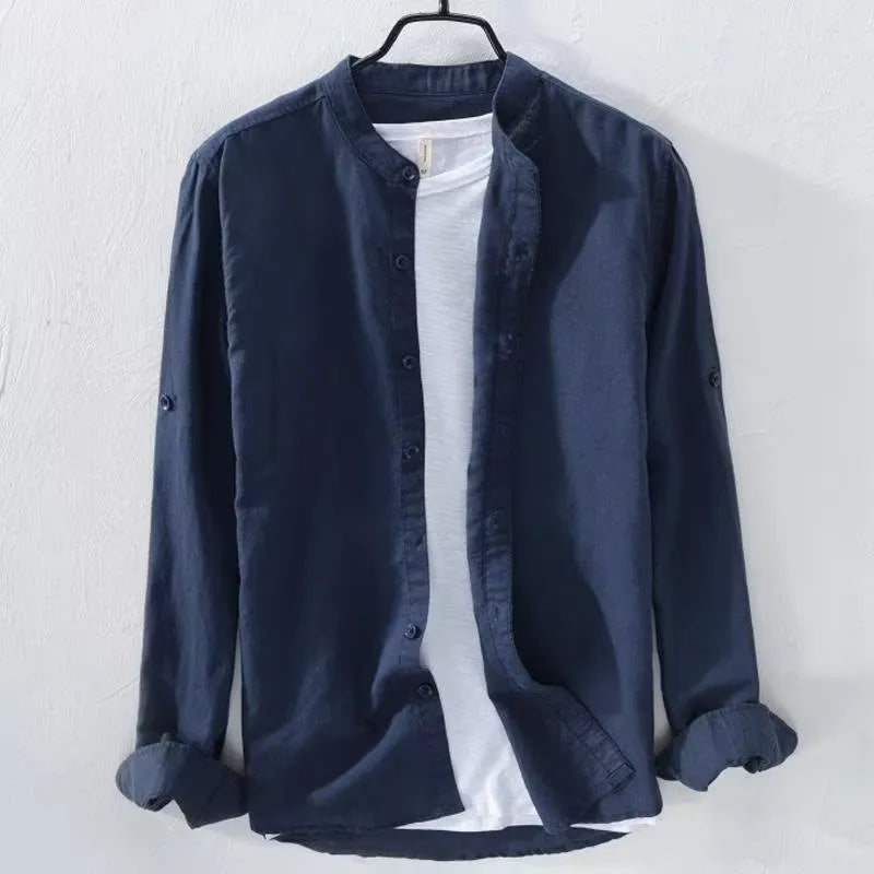 Loose casual long sleeve shirt in cotton linen fabric showing solid colour design