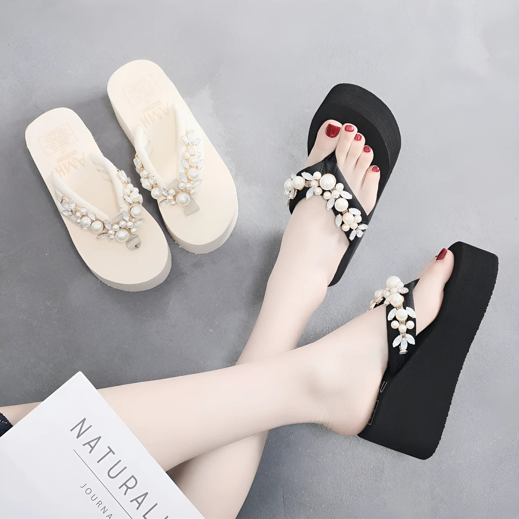 Women's black and beige high-heeled flip-flops with cotton cloth uppers showing size options