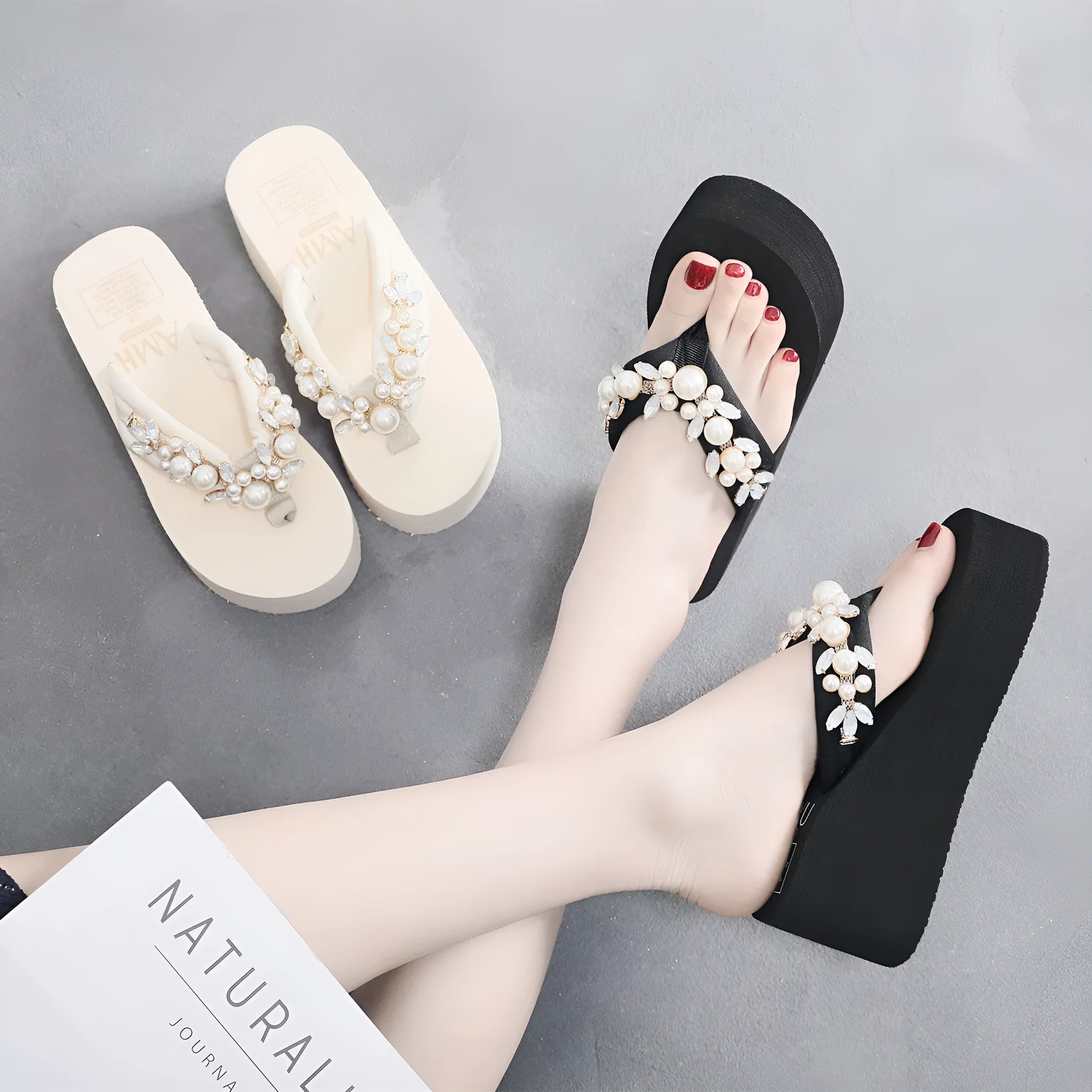 Women's black and beige high-heeled flip-flops with cotton cloth uppers showing size options