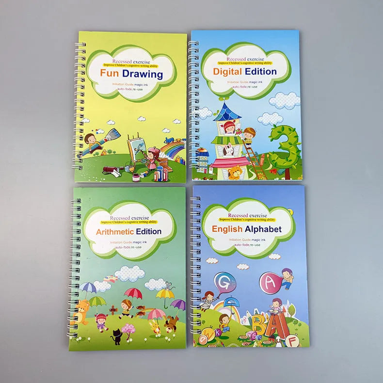 Four magic calligraphy copybooks with stylus pen for children's handwriting practice